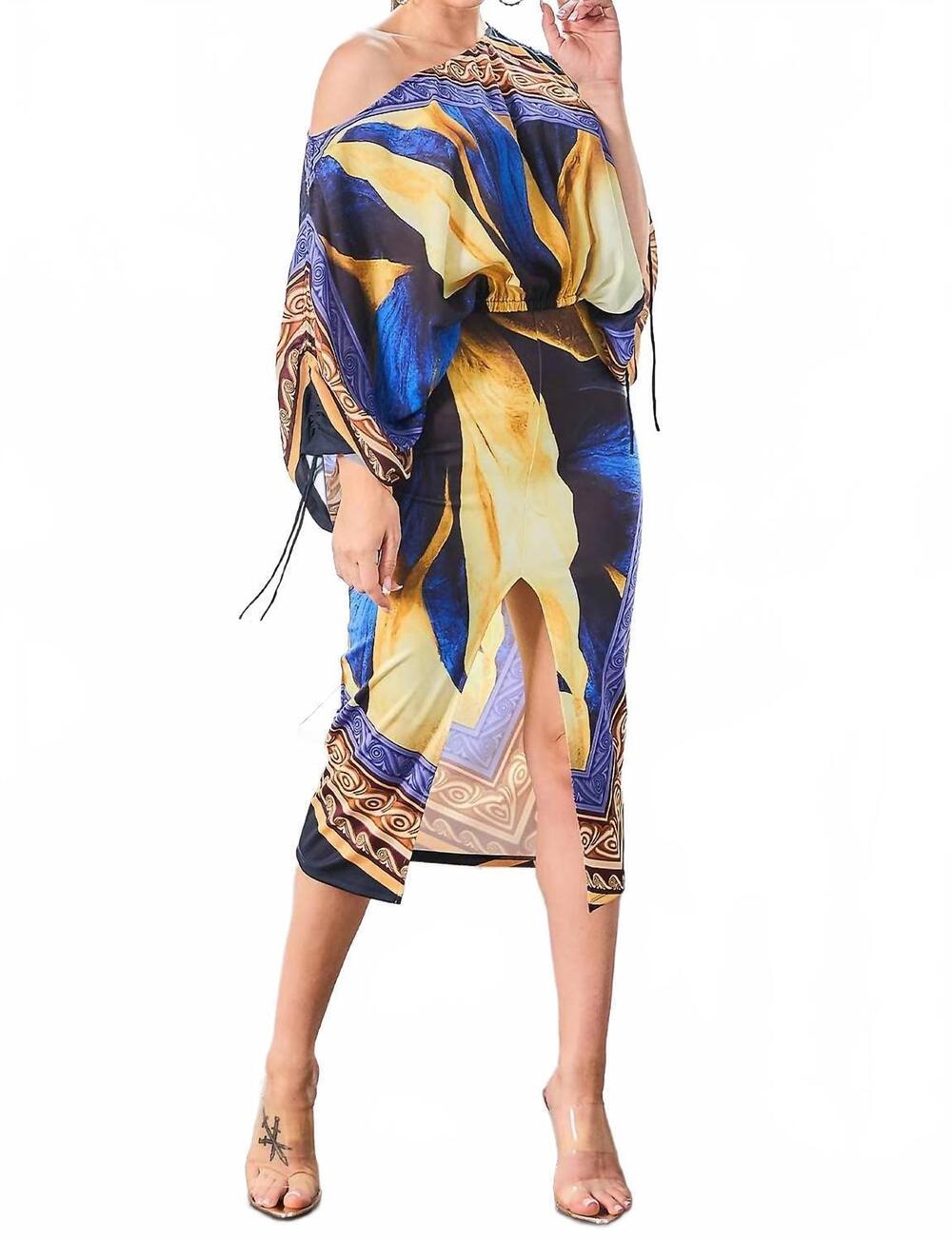 NEW HER BOTARRI cropped blouse & slit skirt in royal combo